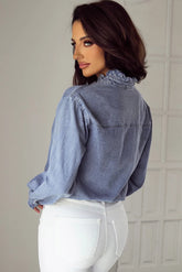 Frill Button Up Long Sleeve Denim Top OutfitFlow